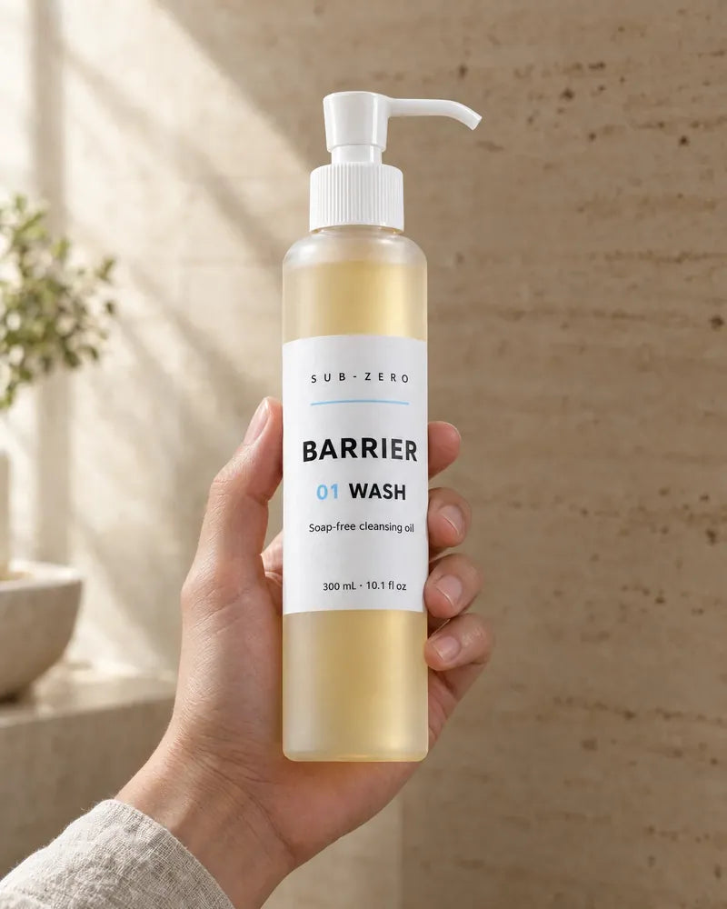 The Cleanser, 300 ml, in a hand by a sunlit window