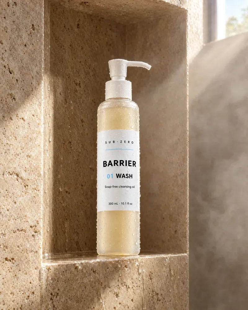 The Cleanser in a stone shower niche