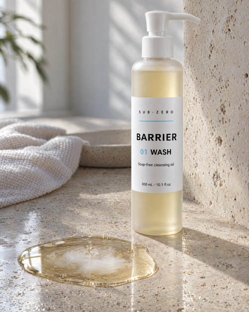 Macro of BARRIER Wash cleansing oil blooming milky white as a drop of water hits it, bottle behind