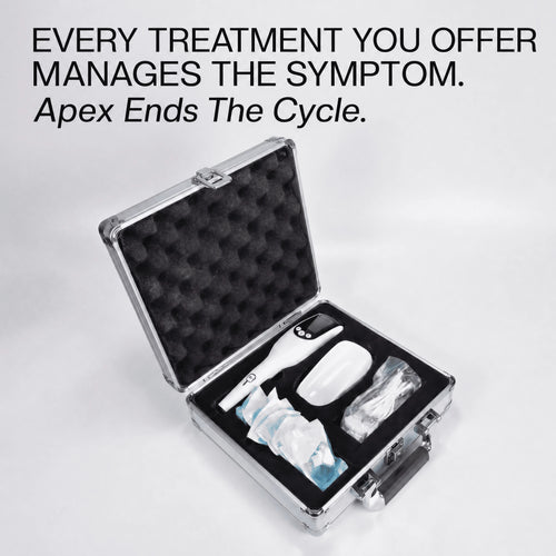 Sub-Zero Apex cold plasma device with attachments and cable in aluminium transport case, captioned "Every treatment you offer manages the symptom. Apex ends the cycle."