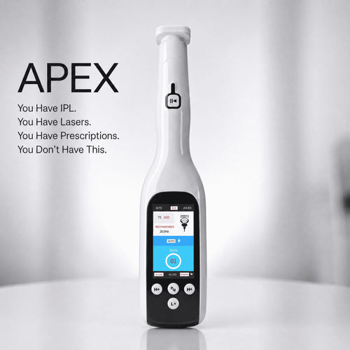 Sub-Zero Apex clinical-grade cold plasma device in white with colour touchscreen, captioned "You have IPL. You have lasers. You have prescriptions. You don't have this."