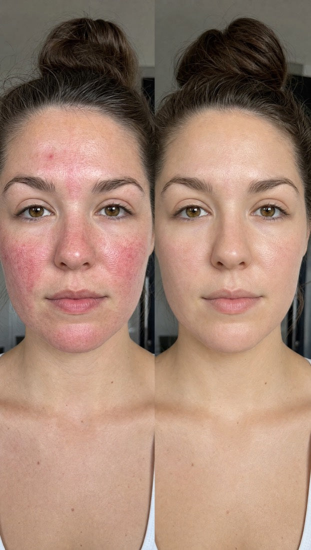Before-and-after of resistant rosacea treated with Apex — significant reduction in redness after 8 weeks