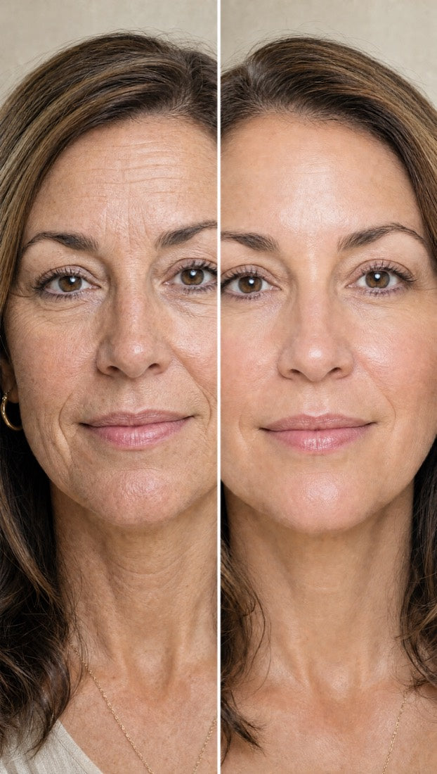 Before-and-after of skin texture and fine lines treated with Apex — smoother, more even tone after 12 weeks