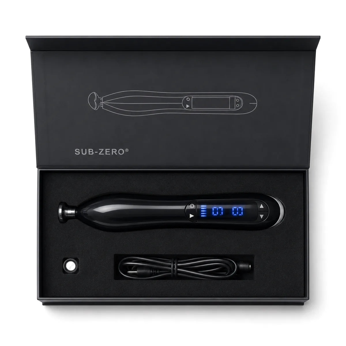 Nova box opened from above: device, charging cable and treatment head in the tray