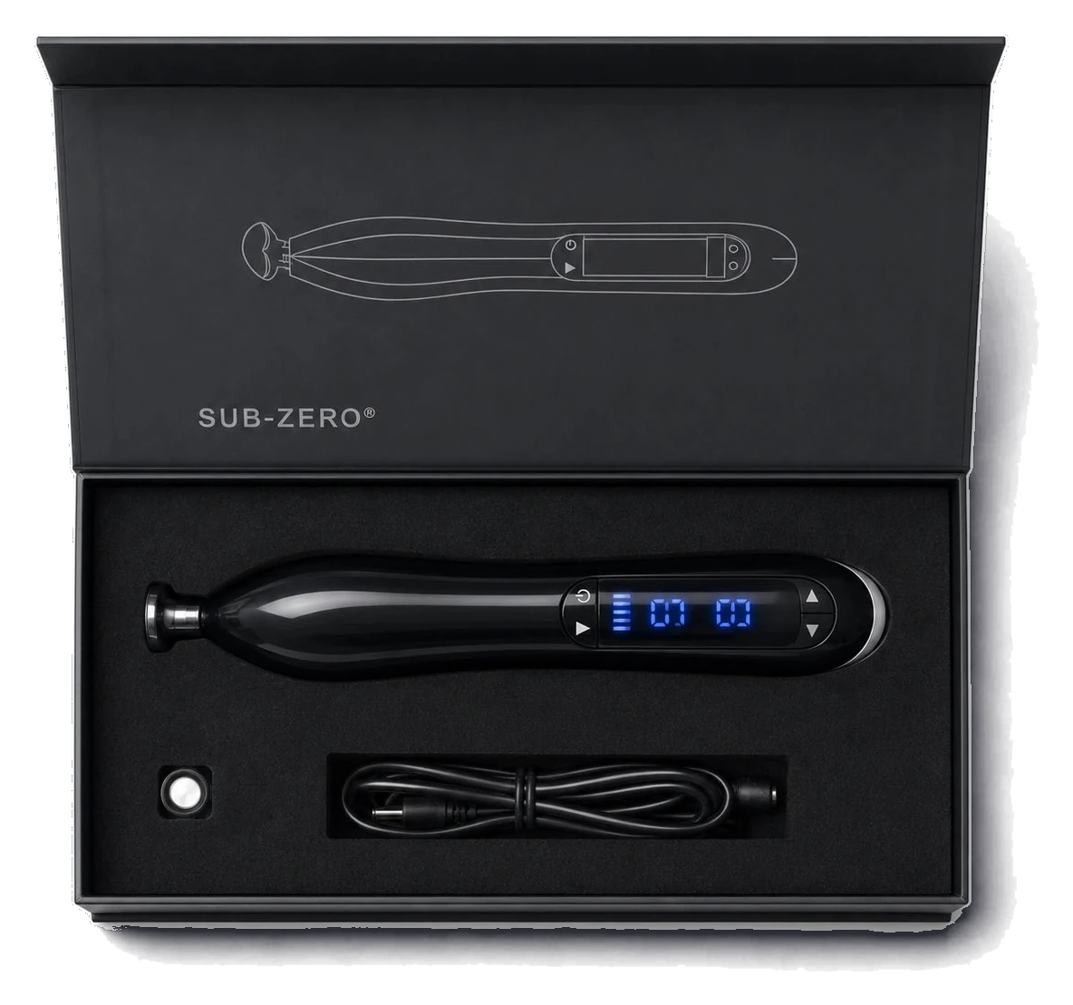 Sub-Zero Nova cold plasma device in open black box with charging cable and accessory in foam insert
