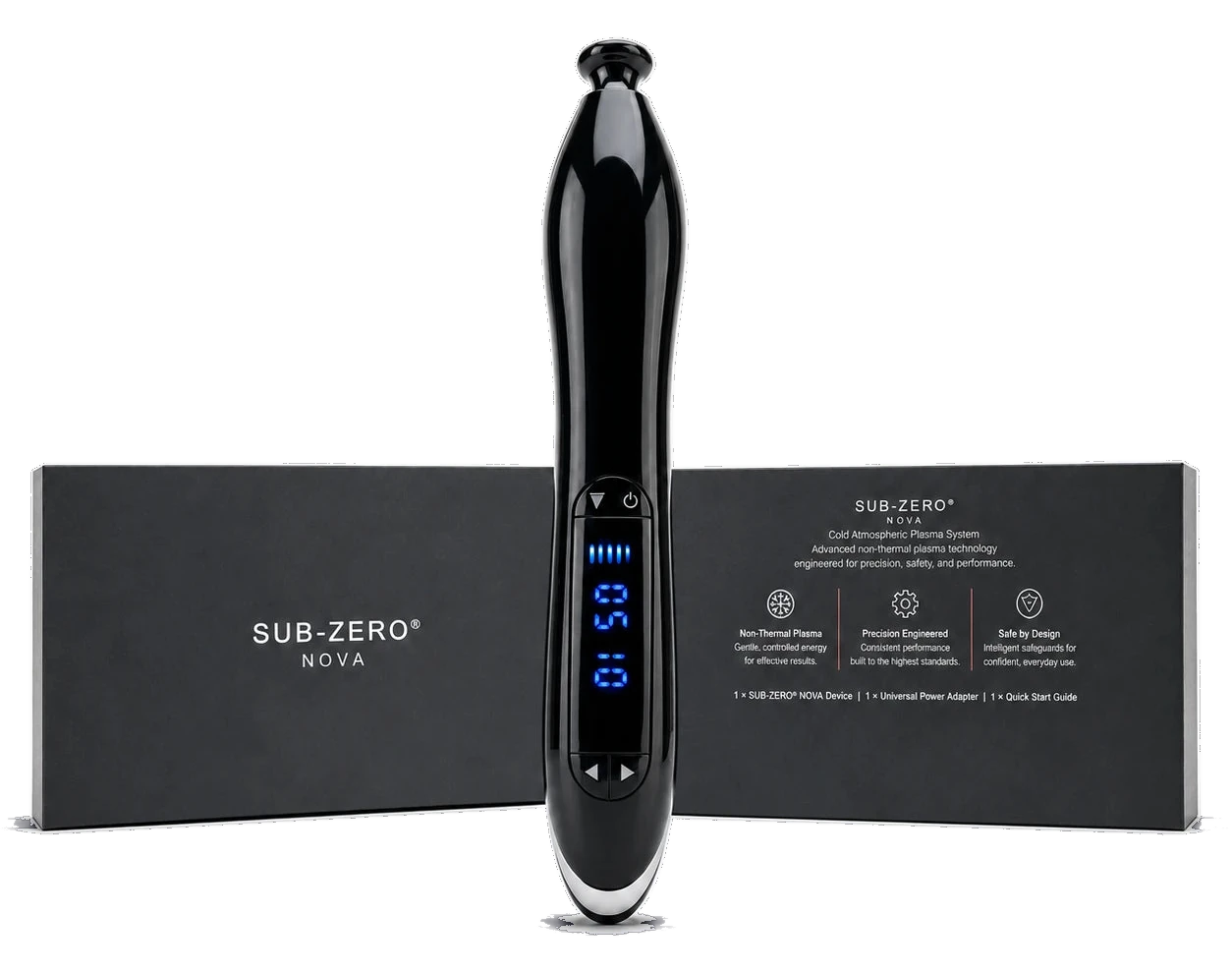 Sub-Zero Nova cold atmospheric plasma device standing in front of its packaging showing LED display