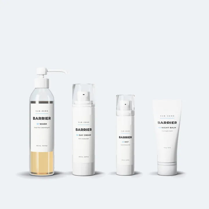 The four BARRIER products in a row: Cleanser, Day Cream, Mist and Night Balm