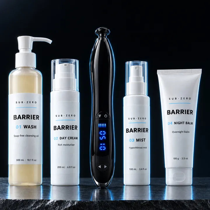 Sub-Zero Nova standing with the four BARRIER products in a dark studio