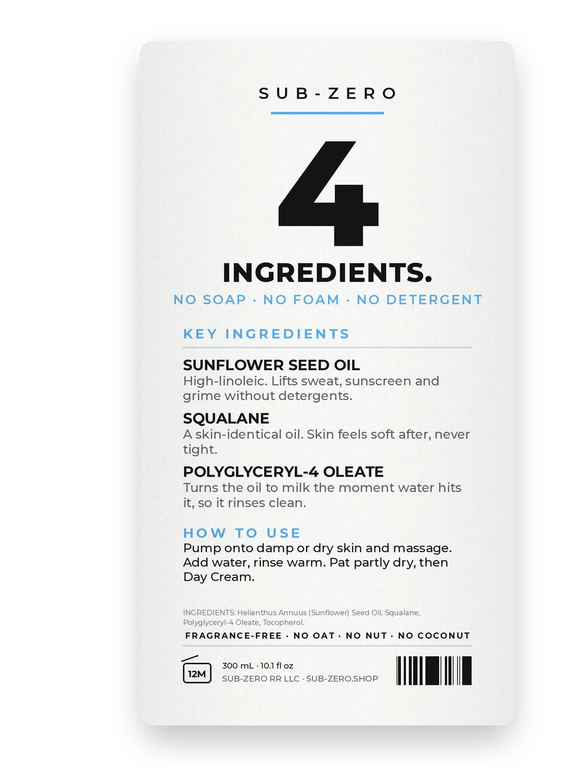 The Cleanser's back label: 4 ingredients, no soap, no foam, no detergent