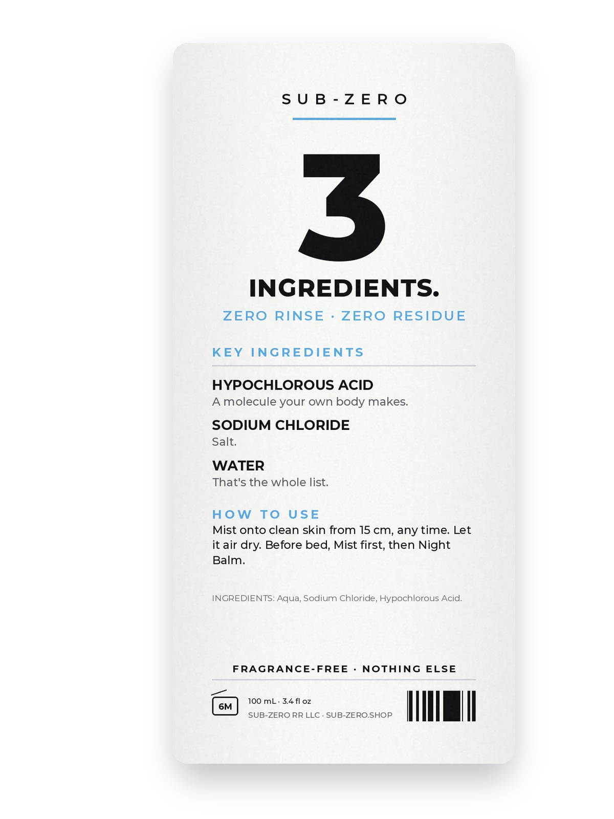 The Mist's back label: 3 ingredients, zero rinse, zero residue