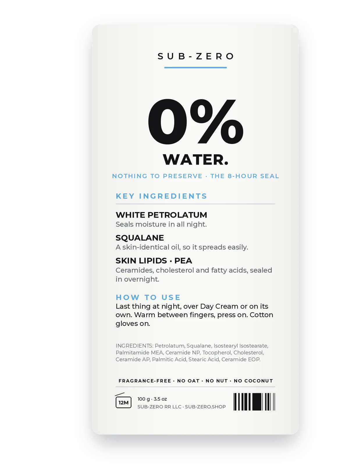 The Night Balm's back label: 0% water, nothing to preserve