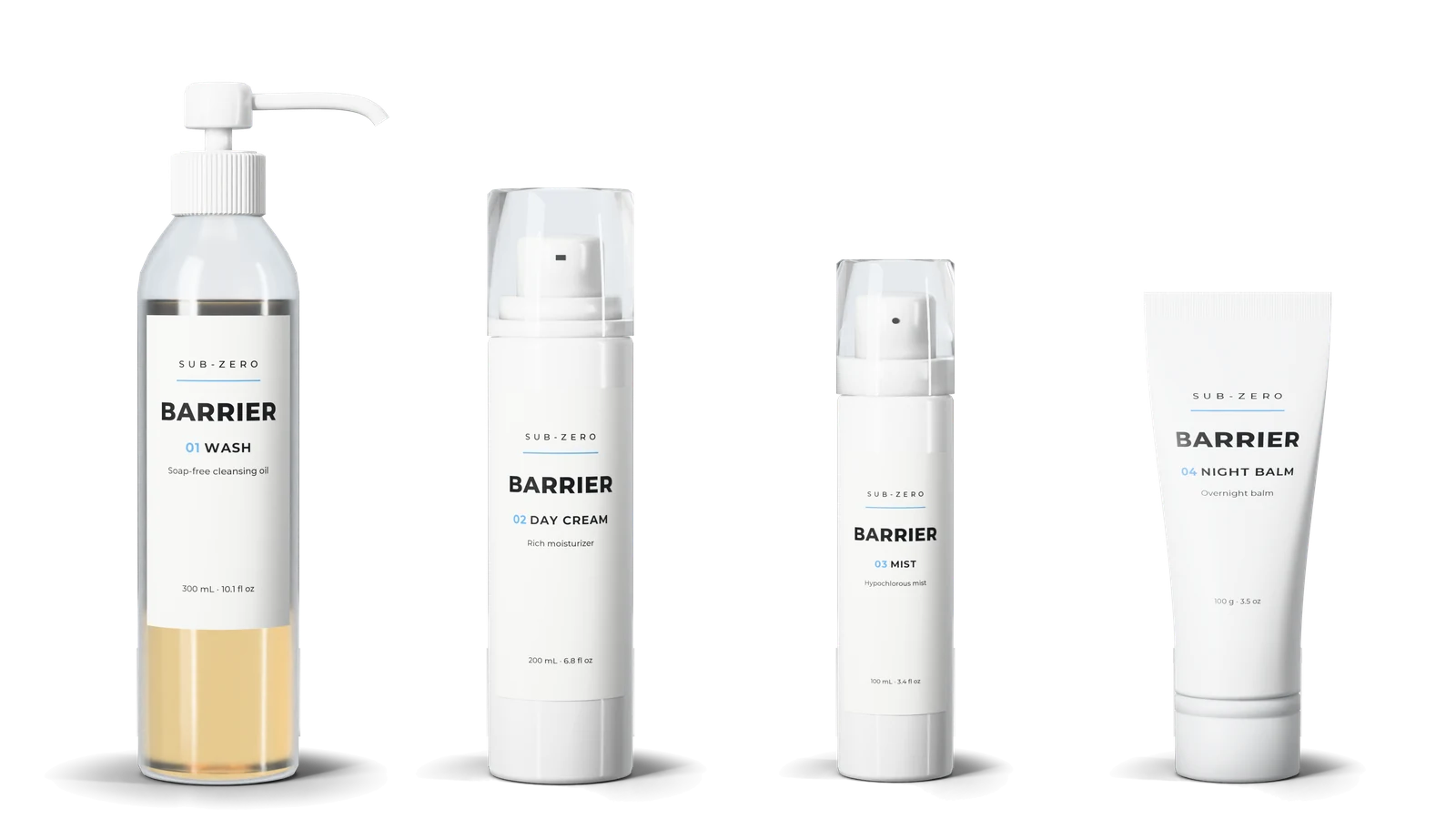 The four BARRIER packs: Cleanser, Day Cream, Mist and Night Balm